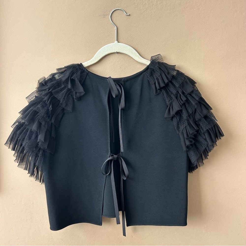 Alexis Saffi Ruffle Sleeve Top Tie Back Black Crepe Size Small - Picture 11 of 12